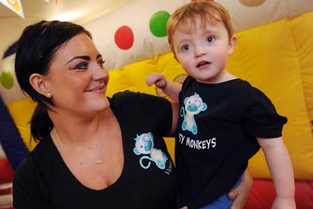 Open Day at Blidworth Community Leisure Centre for Messy Monkey. Pictured is organiser Victoria Staples with her son Frankie Murray 2.