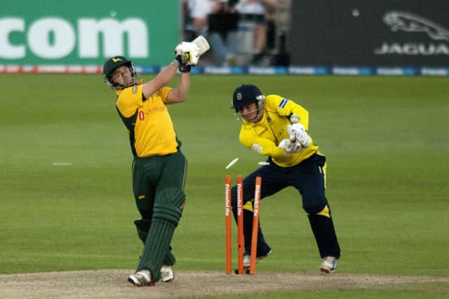 Nottinghamshire's Steven Mullaney is bowled by Hampshire's Glenn Maxwell during the Friends Life T20 match at Trent Bridge, Nottingham. PRESS ASSOCIATION Photo. Picture date: Wednesday July 25, 2012. Photo credit should read: Simon Cooper/PA Wire