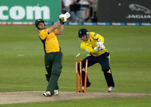 Nottinghamshire's Steven Mullaney is bowled by Hampshire's Glenn Maxwell during the Friends Life T20 match at Trent Bridge, Nottingham. PRESS ASSOCIATION Photo. Picture date: Wednesday July 25, 2012. Photo credit should read: Simon Cooper/PA Wire