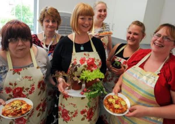 Cookery class at Bulwell RIverside centre using ingredients grown at the community garden. l-r is Michelle Lye, Marion O'Callaghan from the nutrition team at Nottingham Council Care, Barbara Bates, Jess Mann, Joanne Orgill and Karen Hunt.