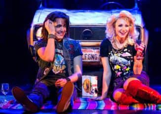 Noel Sullivan (Drew) and Cordelia Farnworth (Sherrie) in Rock of Ages The Musical UK Tour. Credit Manuel Harlan.