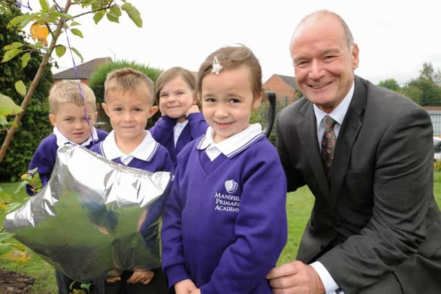 L-R is Caiden Kissane 5, Declan Black 5, Natalya Martin 6 and Lily Hall 6 with Barry Day Chief Executive of Greenwood Dale Foundation Trust at Mansfield Primary Academy ribbon cutting ceremony (there was no ribbon).