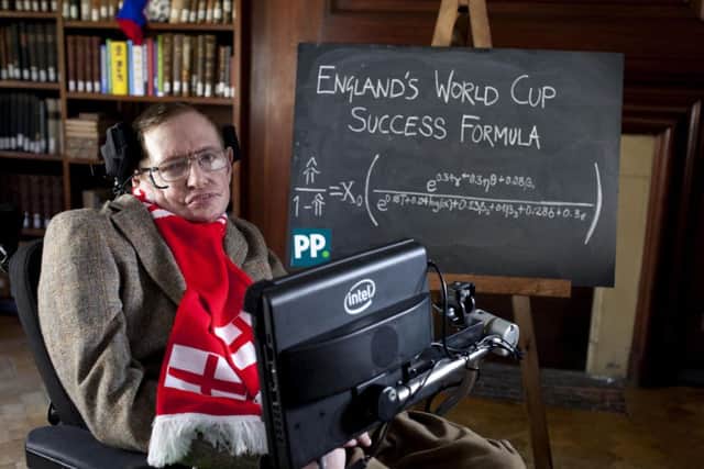 Professor Stephen Hawking unveils a new scientific formula to predict the chances of England succeeding in the World Cup, in Cambridge. Photo by  David Parry/PA Wire
