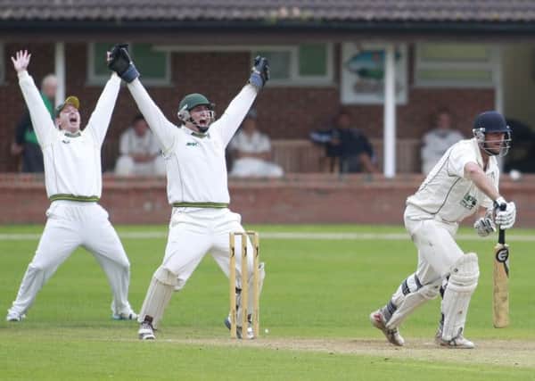 Howzat!! Mansfield Hosiery Mills' appeal for lbw,but it is duly turned down by the umpire -Pic by: Richard Parkes