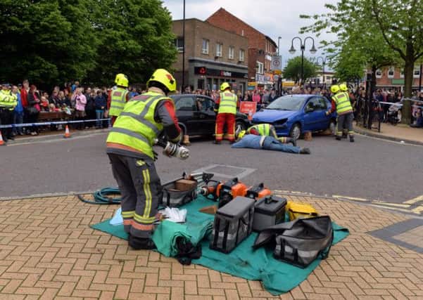 Police and Fire Service staged a fake road accident in Sutton town centre planned and funded by Ashfield Community Safety Partnership to raise awareness of the fatal four, particularly among young drivers.