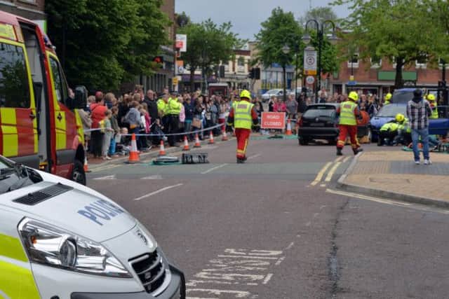 Police and Fire Service staged a fake road accident in Sutton town centre planned and funded by Ashfield Community Safety Partnership to raise awareness of the fatal four, particularly among young drivers.