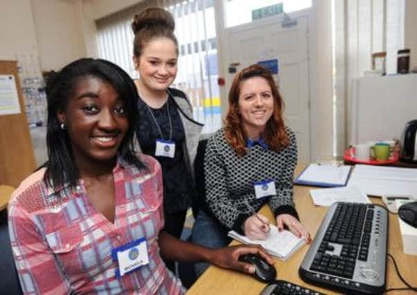 Young volunteers at Citizens Advice Bureau, Sutton-in Ashfeidl. l-r Michaela Burrell, Paige Tugby and Lucy Hardy.