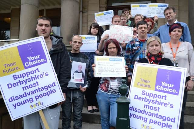 Service users and staff from SAFE lobby Cllr Clare Neill at Derbyshire County Council's HQ.