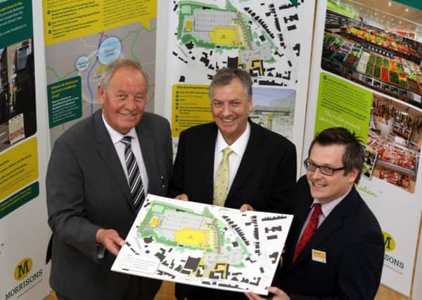 Preview to the Morrison's public consultation in Bolsover. Councillor Alan Tomlinson Cabinet Member for Regeneration, Councillor Eion Watts, Leader of Bolsover District Council and James Smith Development Executive for Morrisons.