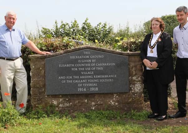 Pictured with the refurbished plaque are l to r: Richard Goad (Chair of Friends of Teversal), Cllr.Glenys Maxwell (Vice Chair of Ashfield District Council) and Trevor Middleton(Friends of Teversal) -Pic by: Richard Parkes