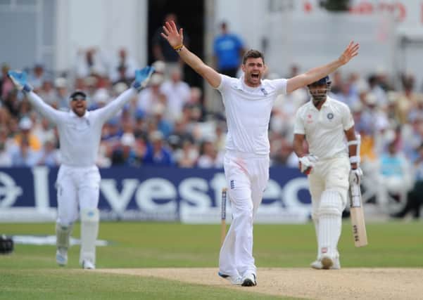 England's James Anderson appeals against India on the first Test pitch at Trent Bridge that has brought an official warning from the ICC.