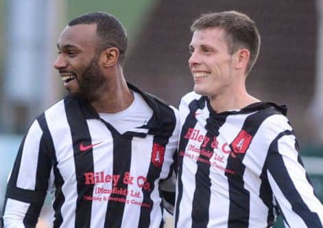 Clipstone v Teversal
Clipstone's Adam Wisdom, left, celebrates his goal with provider Carl Haslam.