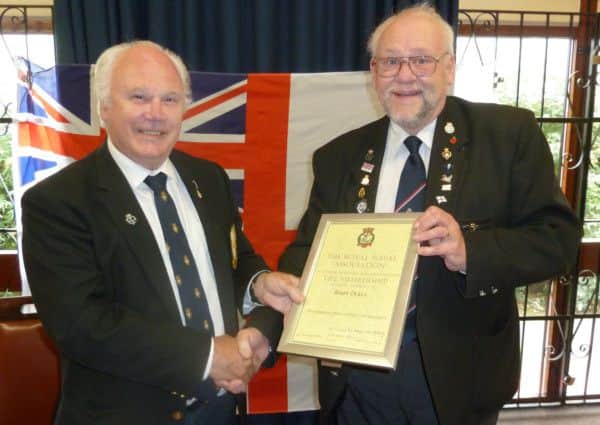 ear AshleyPlease see news item submission below for potential publication. Thanking you, Richard Gleed-Owen (Mansfield & District RNA Publicity)Brian Dykes, Chairman of the Mansfield RNA, has been awarded the prestigious Life Membership of the national Royal Naval Association as a Mark of Esteem and Appreciation of outstanding service, which is the most significant honour that can bestowed. The unexpected honour and presentation came as a complete surprise during the September meeting but also coincided with the equally sad and surprising news that our President: Surg Cdr W [Bill] McNicholl had died earlier this month. During an extraordinary meeting, our honoured Chairman Brian Dykes was unaminously voted to succeed the late President and gratefully accepted this double honour, agreeing to carry out both important positions.1st photo shows Brian Dykes (left) receiving his Life Membership award from Secretary Glyn Johns.