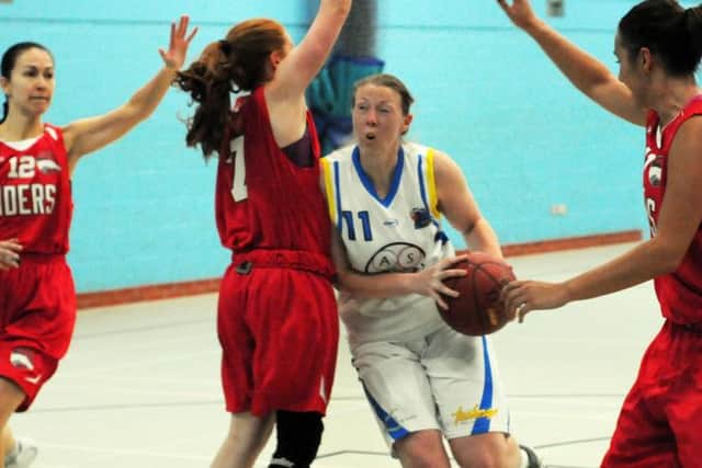 Mansfield Giants Ladies v Leicester Riders.  The Giants' captain, Alison Bridges finds a way through the Riders' defence.