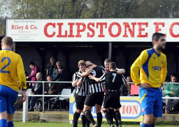 Clipstone MW v AFC Mansfield.Clipstone celebrate their instant reply to AFC Mansfield's first half goal.