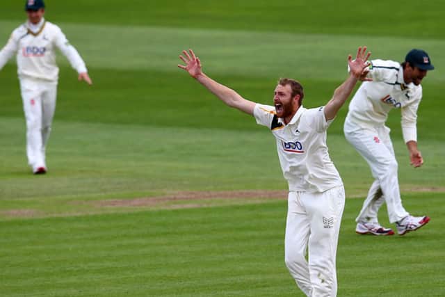 Andy Carter of Nottinghamshire appeals for the LBW of Chris Jones, but the appeal is turned down.