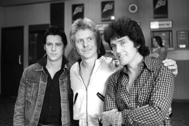 File photo dated 28/01/1979 of Alvin Stardust, formerly known as Shane Fenton and born Bernard William Jewry, (right) with Shakin Stevens (left) and Joe Brown (centre) as they take a break during rehearsals at the Astoria Theatre for 'Oh Boy!' as the singer and actor Stardust has died this morning aged 72 after a short illness. PRESS ASSOCIATION Photo. Issue date: Thursday October 23, 2014. See PA story DEATH Stardust. Photo credit should read: PA/PA Wire
