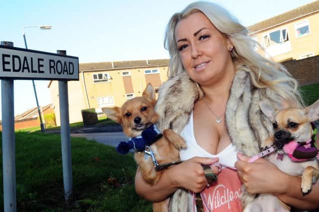 Roxanne Wilson of Eckington Walk, Mansfield, with her dogs who have been set on by a Staffordshire terrier.
