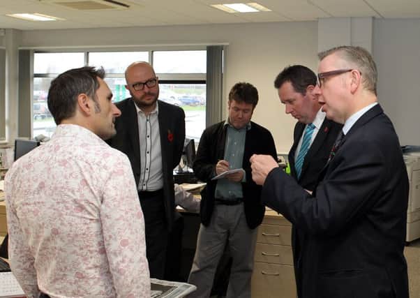 Former Education Secretary Michael Gove, right, and Sherwood MP Mark Spencer, second right, visit the Chad and Dispatch newspapers. They are with editor Phil Bramley,left, and assistant editor Ashley Booker, second left, and reporter Tim Cunningham, centre.  Picture by Dan Westwell