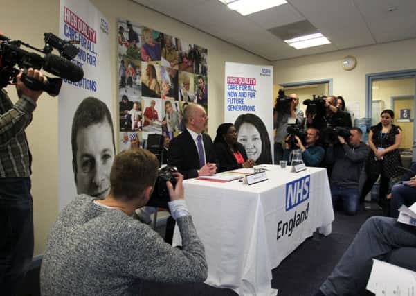 Press conference by NHS England in Nottinghamshire about the apparent breaches of infection control procedures by Nottinghamshire dentist Desond D'Mello. Pictured is Dr Doug Black, Medical Director NHS England, Nottinghamshire and Derbyshire, and Dr Vanessa MacGregor, Public Health England.