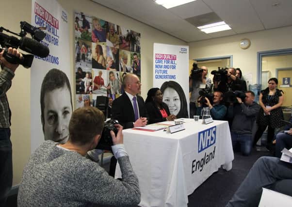 Press conference by NHS England in Nottinghamshire about the apparent breaches of infection control procedures by Nottinghamshire dentist Desond D'Mello. Pictured is Dr Doug Black, Medical Director NHS England, Nottinghamshire and Derbyshire, and Dr Vanessa MacGregor, Public Health England.
