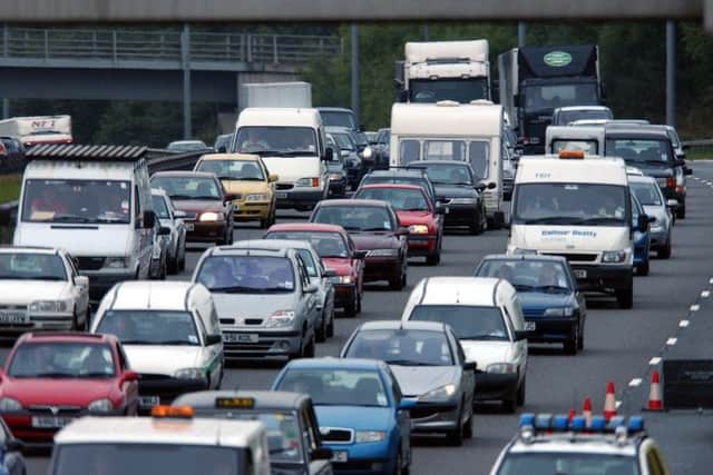 Traffic jam congestion at the scene of an accident on the north bound carriageway of the M6 near to junctions 31/31a at Preston