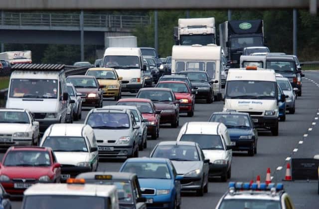 Traffic jam congestion at the scene of an accident on the north bound carriageway of the M6 near to junctions 31/31a at Preston