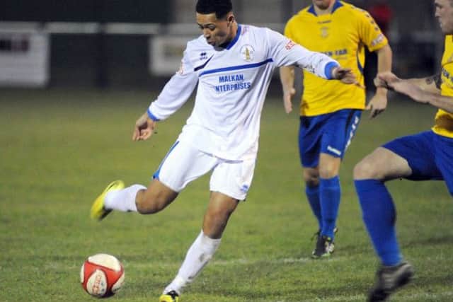 Rainworth Miner's Welfare v Stocksbridge Park.Gino Kelleher gets in a shot.