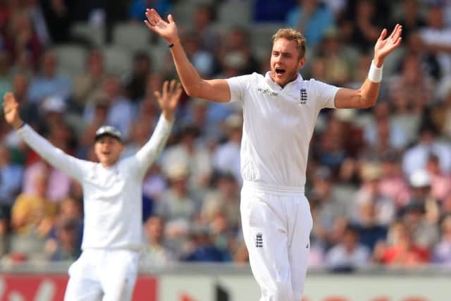 File photo dated 07-08-2014 of England's Stuart Broad appeals unsuccessfully for the wicket of India's Varun Aaron during the Fourth Investec Test at Emirates Old Trafford, Manchester. PRESS ASSOCIATION Photo. Issue date: Tuesday December 16, 2014. England's Stuart Broad took six for 25 as India were bowled out for 152 on day one of the fourth Investec Test. See PA story SPORT Christmas August. Photo credit should read Mike Egerton/PA Wire.