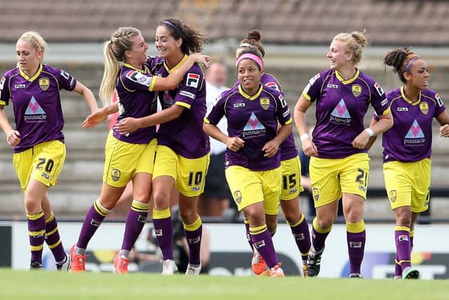 BOREHAMWOOD, ENGLAND - JULY 27:  Fiona O'Sullivan of Notts County celebrates after scoring their goal during the WSL match between Arsenal Ladies and Notts County at Meadow Park on July 27, 2014 in Borehamwood, England.  (Photo by Scott Heavey - The FA/The FA via Getty Images)