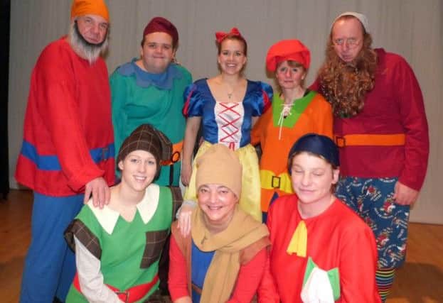 Back: Prof (Paul Holland), Cheeky (Peter Maddison), Snow White (Hannah Bradford), Sniffly (Dawn Blackburn), Grumbly (Ian Simpson)Front: Snoozy (Tara Madeley), Loopy(Chrissy Smith) and Blusher (Donna Knowles) in Snow White and the Seven  Dwarfs at Bolsover.