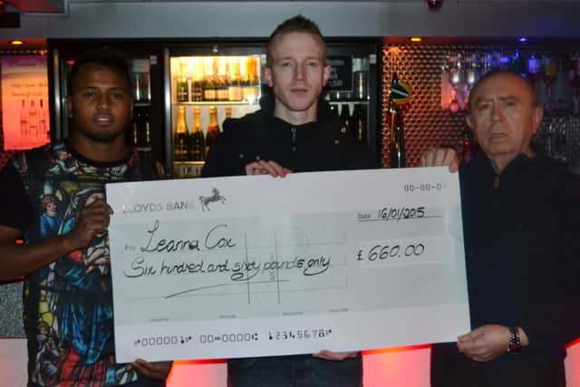 (Left) Vijay Selvam Manager Of ILLUSIONS (middle) William Boulton (Right) Cliff Phillippou Owner of ILLUSIONS nightcubThe club  donated the proceeds of the door entry money from Christmas Eve to Leanna Cox to pay towards her Dream Wedding.