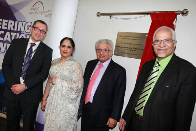 Lord Kumar Bhattacharyya opened the new West Notts College Engineering Innovation Centre in Sutton. He is pictured centre with Brian Malyan, Head of Engineering at the college, Dame Asha Khemka, and Nat Puri.