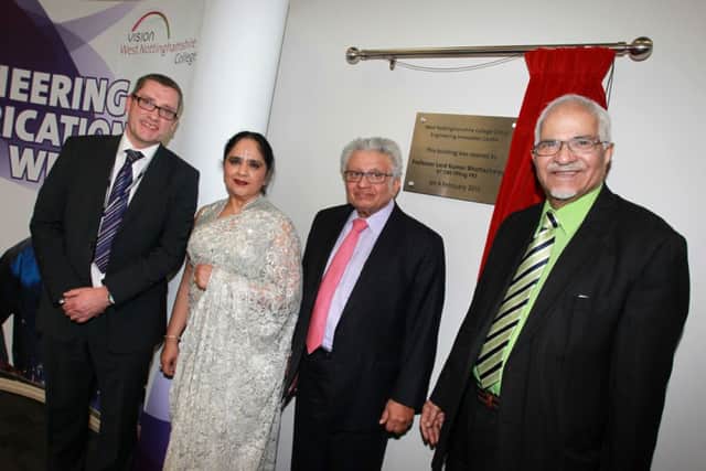 Lord Kumar Bhattacharyya opened the new West Notts College Engineering Innovation Centre in Sutton. He is pictured centre with Brian Malyan, Head of Engineering at the college, Dame Asha Khemka, and Nat Puri.
