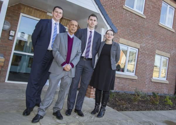The new  Woodlands Care Home, in Spion Kop, near Mansfield, owned by Carisbrooke Health Care Ltd. Left to right: Nigel Winkett (Barclays), Raouf Sohawon (owner), Ashley Hallam (Barclays), Elizabeth Winfield md at Carisbrooke Healthcare.