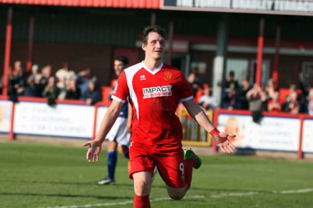 Paul Clayton starts to celebrate after scoring Alfretons third equaliser.