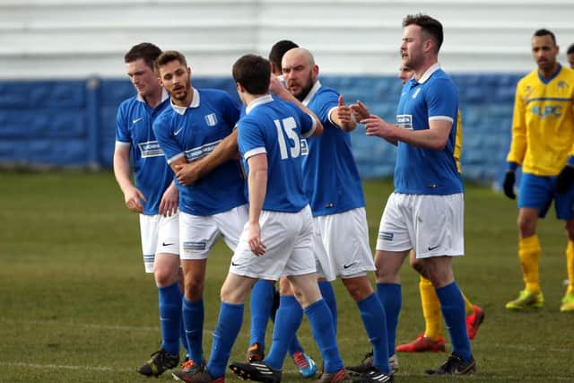 South Normanton v Gedling.
14th March 2015.
South Normanton celebrate the first goal in the 4-1 win against Gedling.
Pic by Dan Westwell