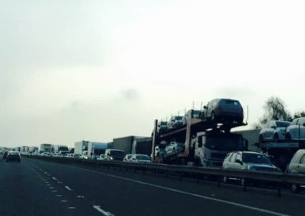 Queueing traffic on the motorway near Doncaster.