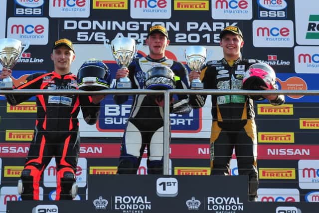 Kyle Ryde on the podium at the  British Superbikes round one at Donington Park