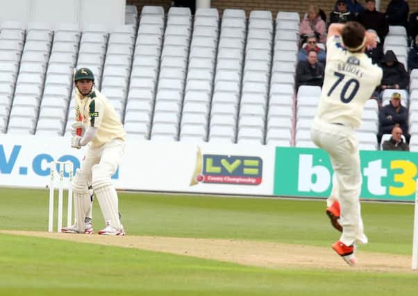 Alex Hales is pictured on his way to a double century for Nottinghamshire at home to Yorkshire. Photo by Angela Ward.