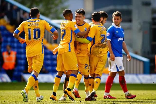 Jack Thomas celebrates his first senior Stags goal.