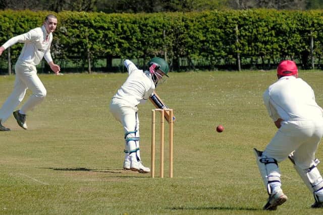 Teversal & Eastwood (Cricket) at Teversal. Eastwood Batting and Teversal Bowling & Fielding. NMAC 26-4-15 Eastwood, Batsman Mark Carling facing bowling of Billy North