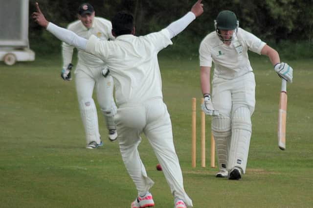 Glapwell V Thoresby Colliery at Glapwell Cricket ground. Thoresby were Fielding & Bowling and Glapwell were Batting. NMAC 25-4-15 Glapwell, Luke Smith bowled out by Nieme Ahmed