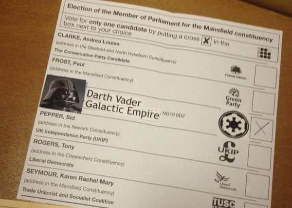 Mansfield voter adds Darth Vader to the list of candidates in place of Labour's Alan Meale  in the 2015 parliamentary elections.