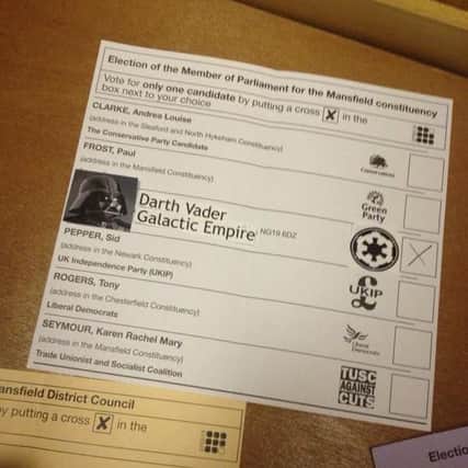 Mansfield voter adds Darth Vader to the list of candidates in place of Labour's Alan Meale  in the 2015 parliamentary elections.