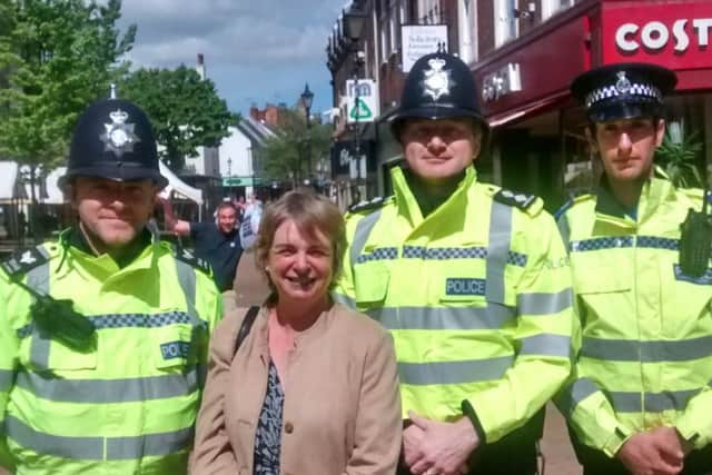Nottinghamshire Deputy Police and Crime Commissioner Chris Cutland on walkabout in Mansfield town centre with Sgt Colin Kirkup, Insp Neil Priestley and PCSO Craig Moore.