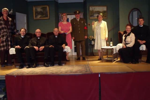 Dave Paddick (The Bishop of Lax), Chris Peck (Lance Corporal Clive Winton), Ken Radmore (The Revered Arthur Humphrey), Mick Whitehouse (The Reverend Lionel Toop), Tracy Crowther (Ida), Paul Holland (Sergeant Towers), Ruth Bonner (Miss Skillon), Louise Sutton (Penelope Toop), Istvan Koszegi (The Intruder) in Bolsover Drama Group's production of See How They Run!