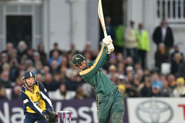 Alex Hales launches a six straight down the ground during the NatWest T20 Blast match between the Outlaws and the Bears at Trent Bridge, Nottingham on 15 May 2015.  Photo: Simon Trafford
