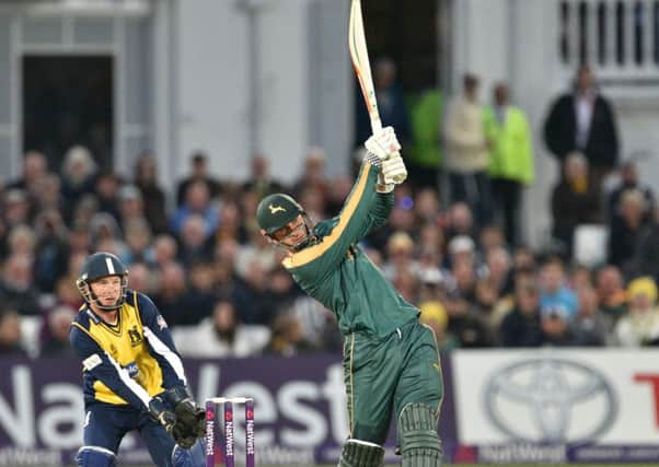 Alex Hales launches a six straight down the ground during the NatWest T20 Blast match between the Outlaws and the Bears at Trent Bridge, Nottingham on 15 May 2015.  Photo: Simon Trafford