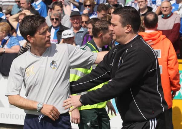 Darrell Clarke with former Mansfield boss Paul Cox a year ago when Stags sent Rovers down - Pic by: Richard Parkes